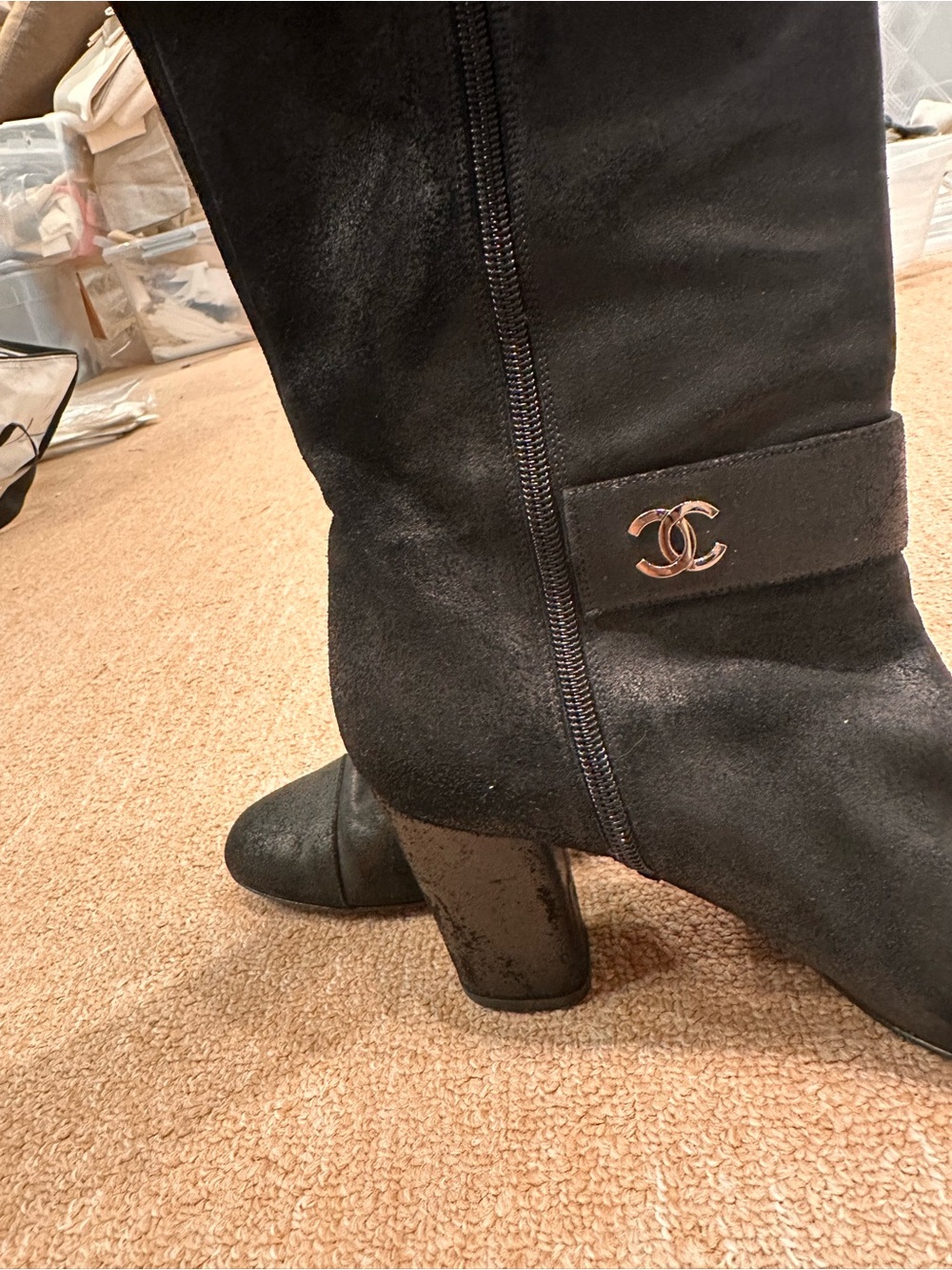 CHANEL Black Suede Knee-High Boots with CC Medallion